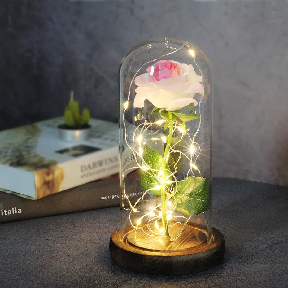 LED-lit silk rose bouquet under glass cover in various colours, 30cm centrepiece decoration