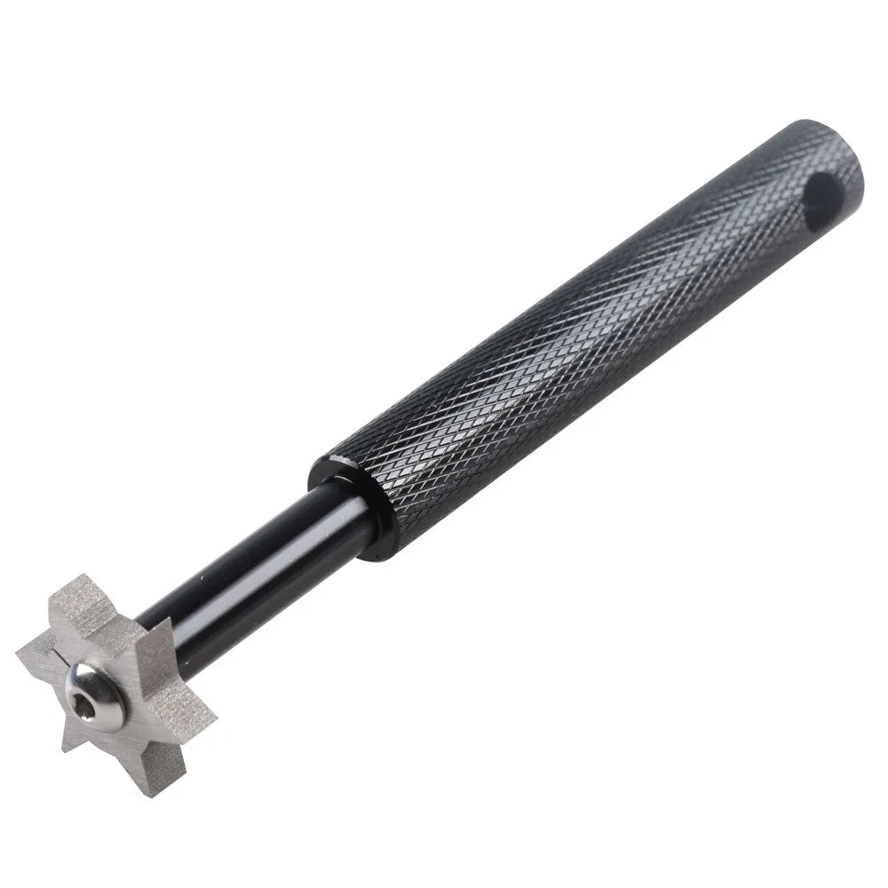 Hexagonal alloy cleaning and repair tool shown in black, blue, gold, red, or silver