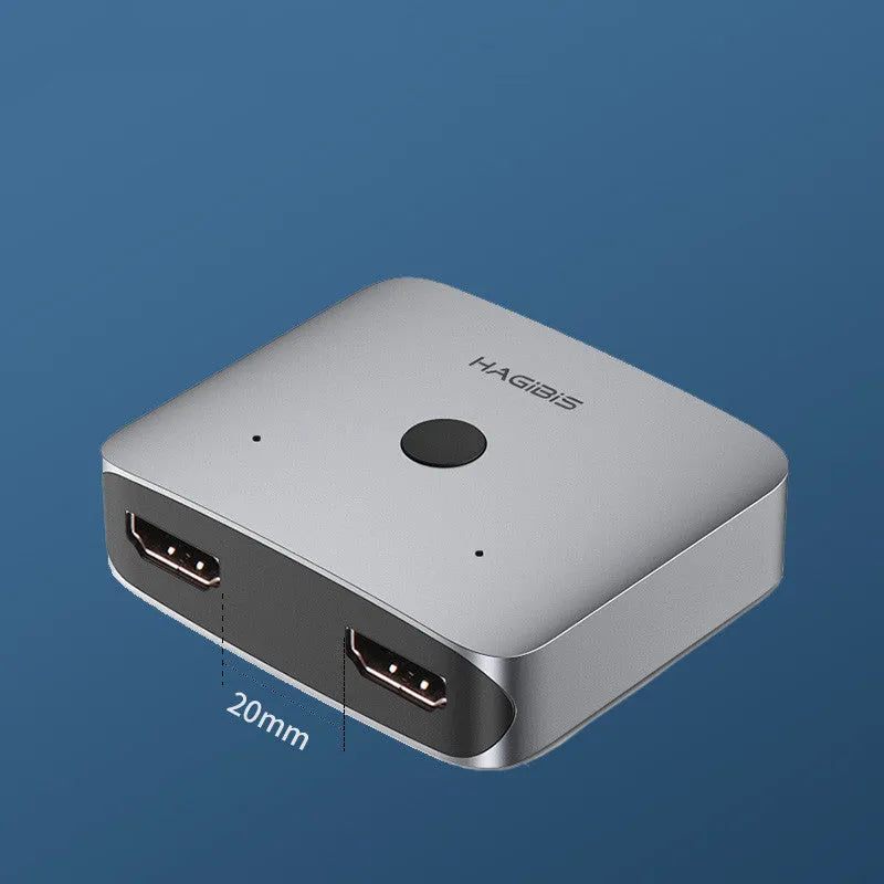 Grey HDMI switcher with two input ports and one output port for sharing displays between devices
