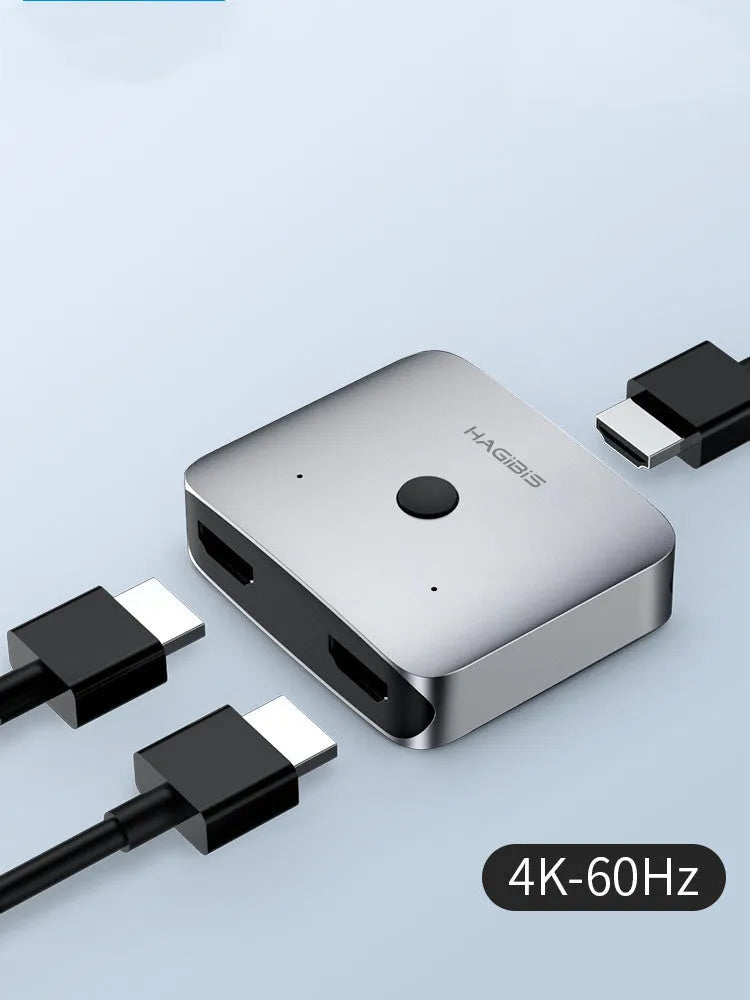 Grey HDMI switcher with two input ports and one output port for sharing displays between devices
