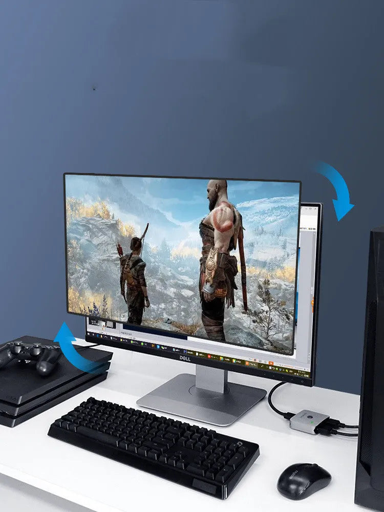 Grey HDMI switcher with two input ports and one output port for sharing displays between devices