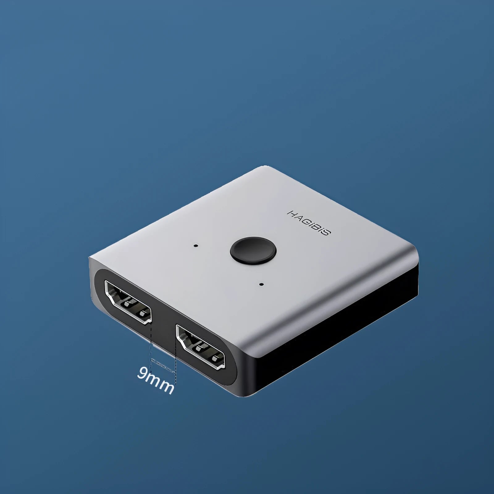 Grey HDMI switcher with two input ports and one output port for sharing displays between devices