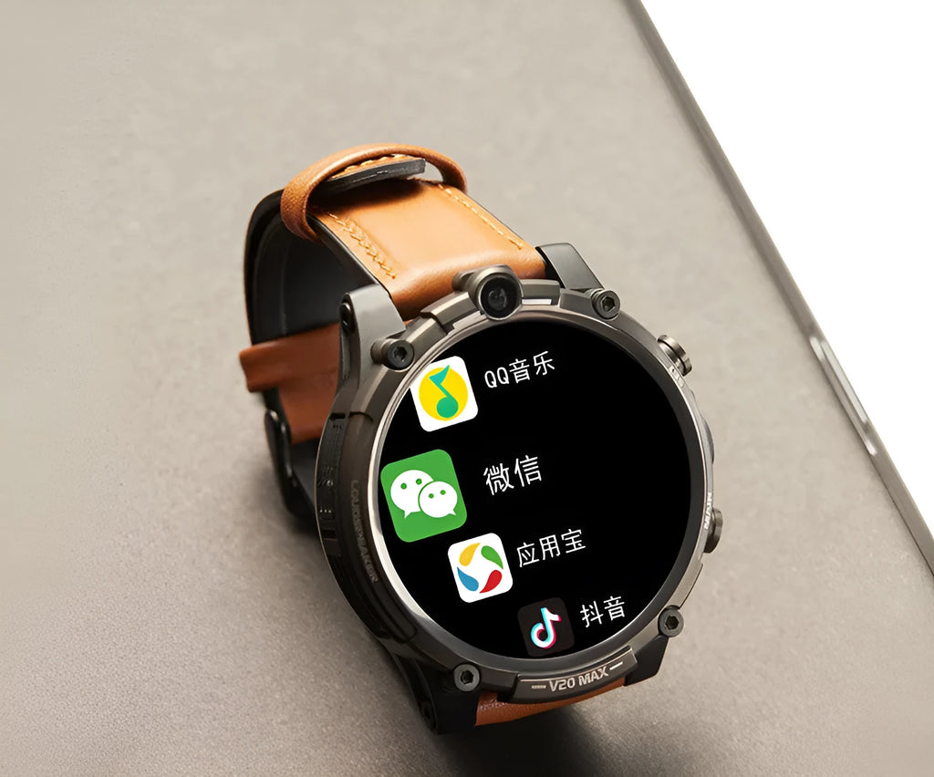 Black smart phone watch with 1.6-inch screen showing dual camera and heart rate monitoring features