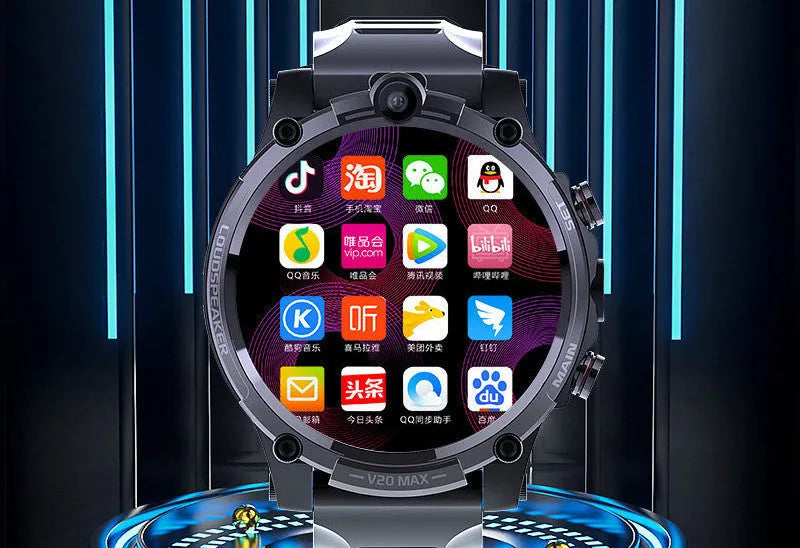 Black smart phone watch with 1.6-inch screen showing dual camera and heart rate monitoring features