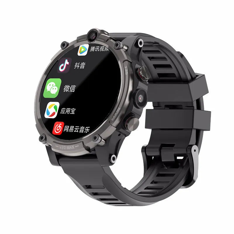Black smart phone watch with 1.6-inch screen showing dual camera and heart rate monitoring features
