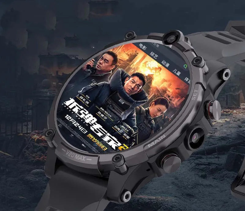 Black smart phone watch with 1.6-inch screen showing dual camera and heart rate monitoring features