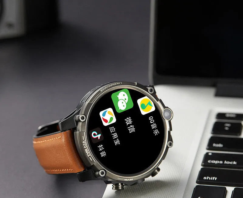 Black smart phone watch with 1.6-inch screen showing dual camera and heart rate monitoring features