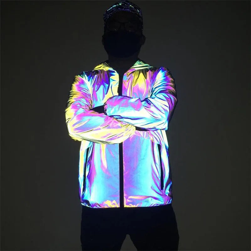Men's reflective hooded jacket in colourful rainbow fabric with waterproof zip and windproof stand collar