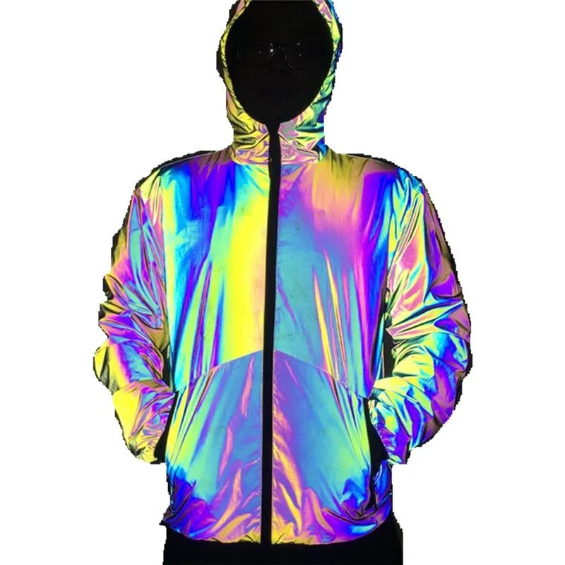 Men's reflective hooded jacket in colourful rainbow fabric with waterproof zip and windproof stand collar