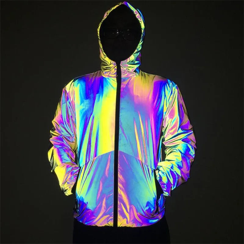 Men's reflective hooded jacket in colourful rainbow fabric with waterproof zip and windproof stand collar