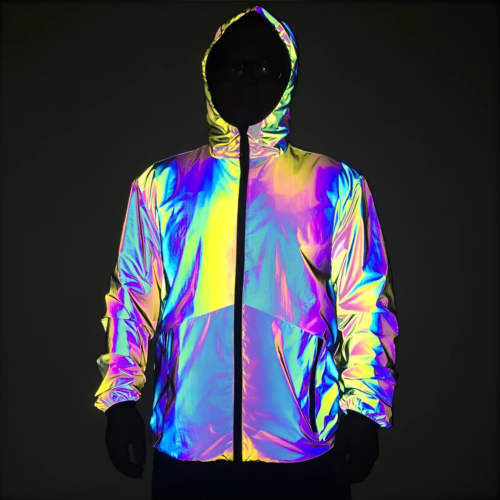 Men's reflective hooded jacket in colourful rainbow fabric with waterproof zip and windproof stand collar