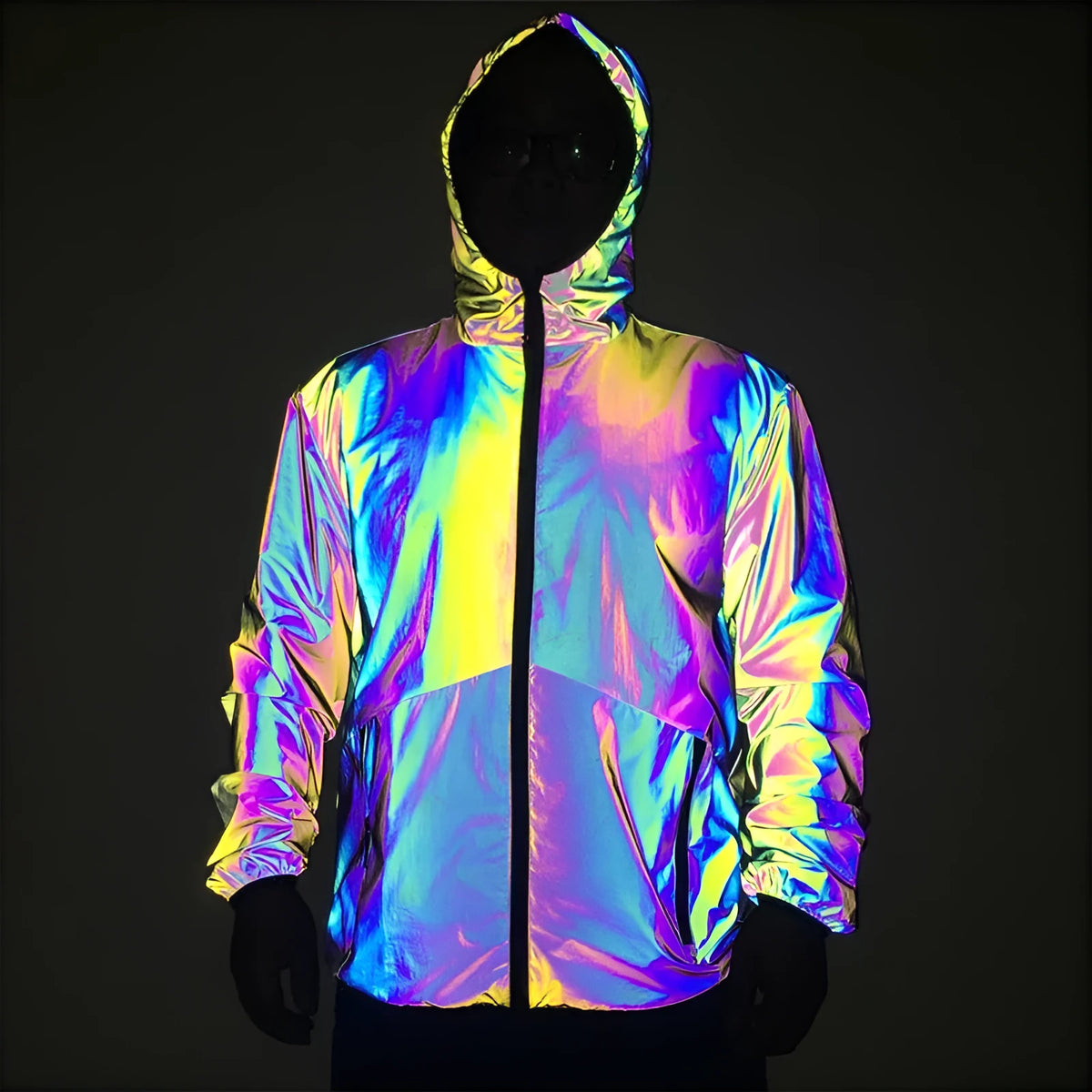 Men's reflective hooded jacket in colourful rainbow fabric with waterproof zip and windproof stand collar