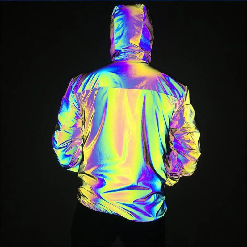 Men's reflective hooded jacket in colourful rainbow fabric with waterproof zip and windproof stand collar