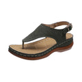 Women's red wedge heel flip flop sandals with an adjustable buckle strap on a white background.