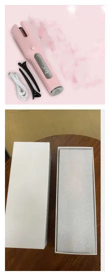 Wireless automatic hair curler with LCD screen, ceramic heating tube and 4800mAh battery, shown in pink