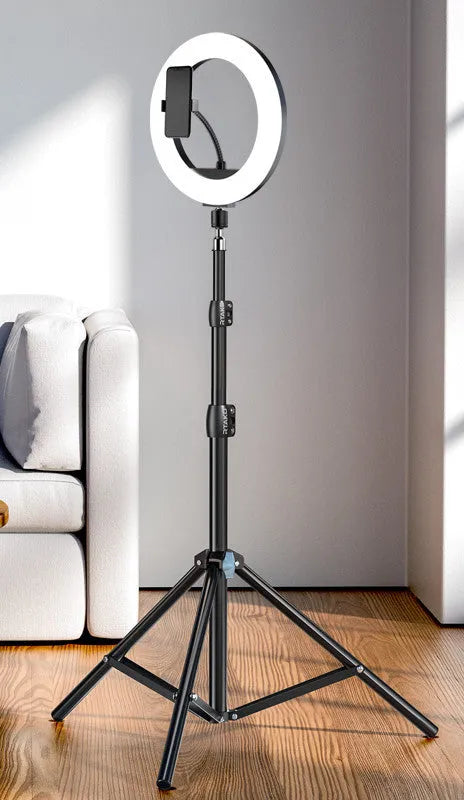 Carbon alloy mobile phone live tripod with a ring light attached, shown with a storage bag.