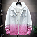 Men's loose fit denim jacket in blue with lapel collar, single-breasted front, and long sleeves