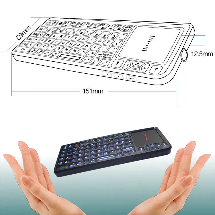Mini wireless Bluetooth laser touch keyboard Flying Squirrel black with 7 colour backlit keys and laser pointer