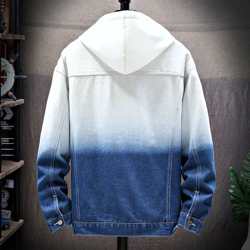 Men's loose fit denim jacket in blue with lapel collar, single-breasted front, and long sleeves