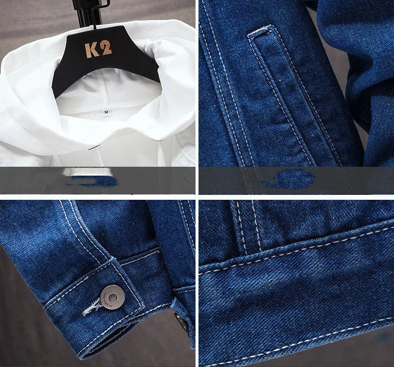 Men's loose fit denim jacket in blue with lapel collar, single-breasted front, and long sleeves