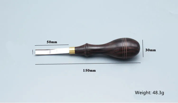 Wide shovel edge thinning knife hand tool with leather handle and drum shovel design