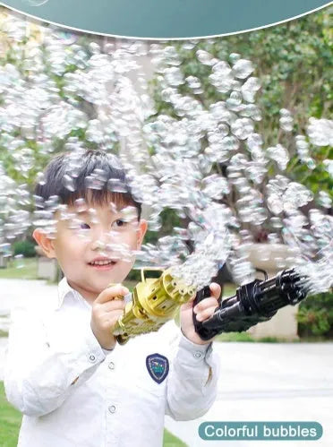 Kids bubble machine gun toy in pink, gold, or black colours with battery compartment and bubble solution