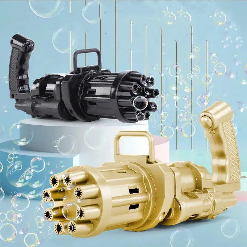 Kids bubble machine gun toy in pink, gold, or black colours with battery compartment and bubble solution