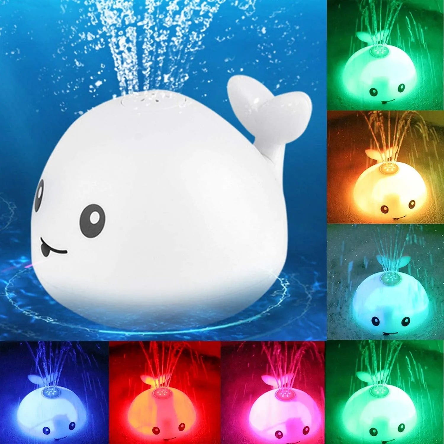 White and blue automatic whale bath toy spraying water with LED lights on, placed in a baby bath.