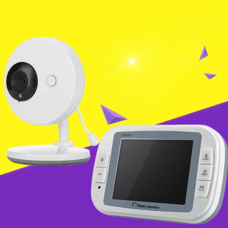 White 3.5 inch digital wireless baby monitor and UFO-style camera unit on a nursery shelf.