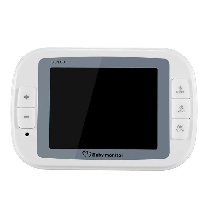 White 3.5 inch digital wireless baby monitor and UFO-style camera unit on a nursery shelf.