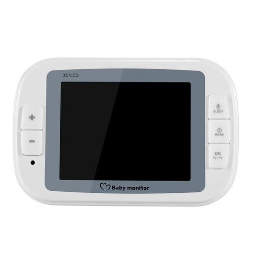 White 3.5 inch digital wireless baby monitor and UFO-style camera unit on a nursery shelf.