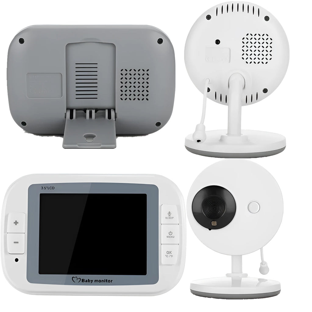 White 3.5 inch digital wireless baby monitor and UFO-style camera unit on a nursery shelf.