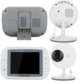 White 3.5 inch digital wireless baby monitor and UFO-style camera unit on a nursery shelf.
