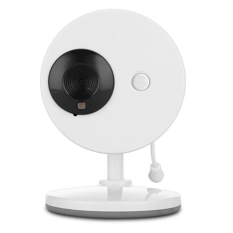 White 3.5 inch digital wireless baby monitor and UFO-style camera unit on a nursery shelf.