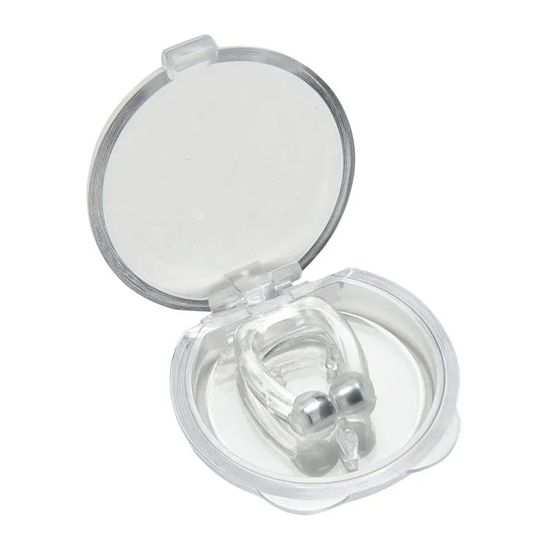 White mini magnetic anti-snoring silicone nose clip with transparent plastic storage box