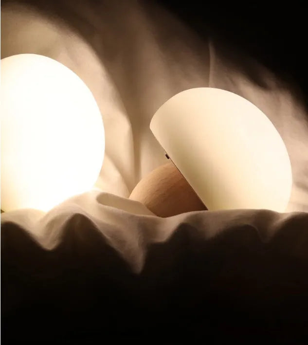 Silicone LED night lamp with wooden base, mushroom shape, brightness adjustment, and touch switch