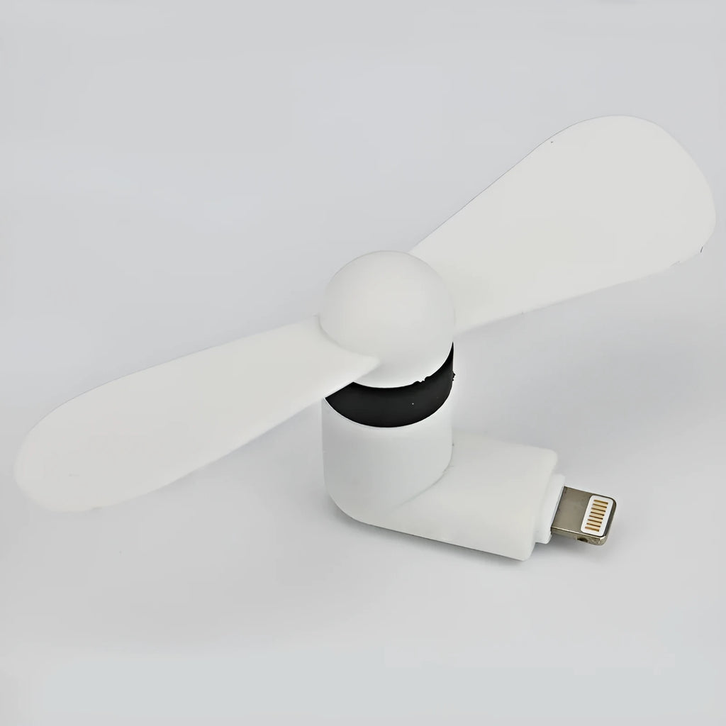 Portable mobile phone mini fan with plastic blades and rotary switch in multiple colours.