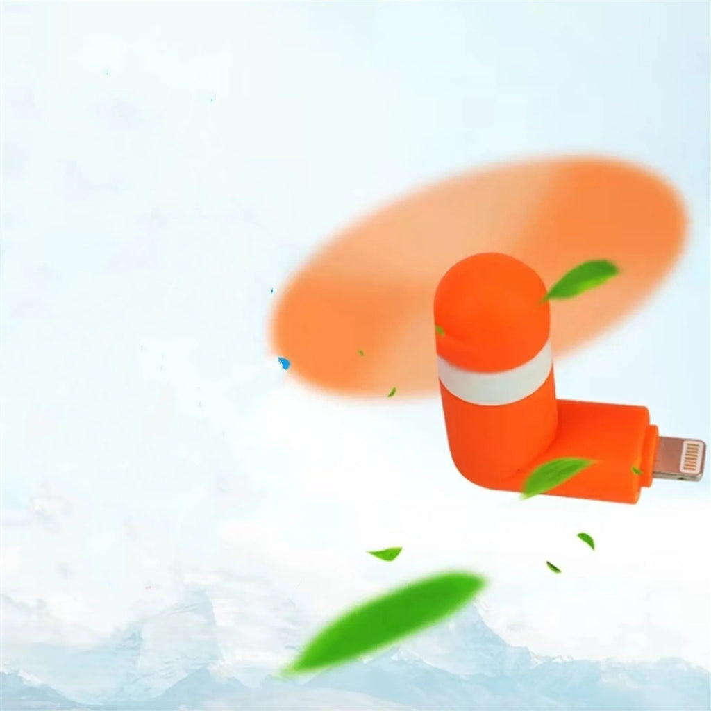 Portable mobile phone mini fan with plastic blades and rotary switch in multiple colours.