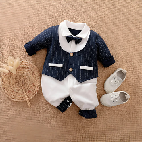 Navy blue cotton baby jumpsuit with collar and long sleeves for spring and autumn wear.