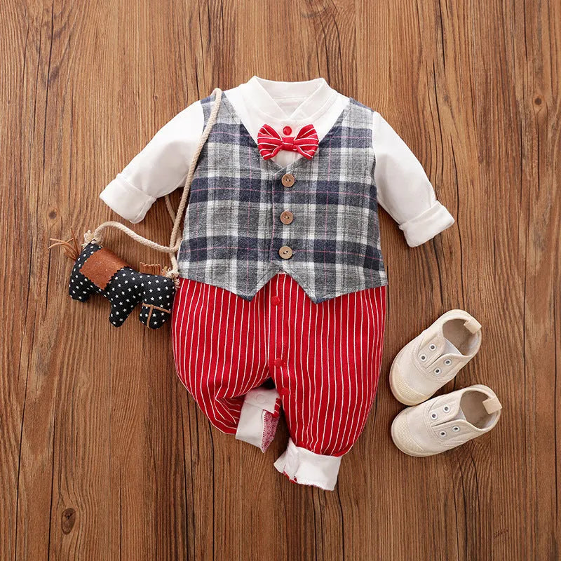 Navy blue cotton baby jumpsuit with collar and long sleeves for spring and autumn wear.