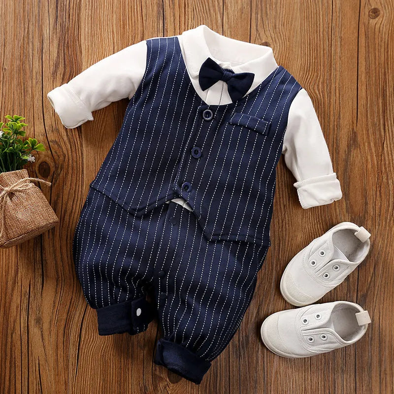 Navy blue cotton baby jumpsuit with collar and long sleeves for spring and autumn wear.
