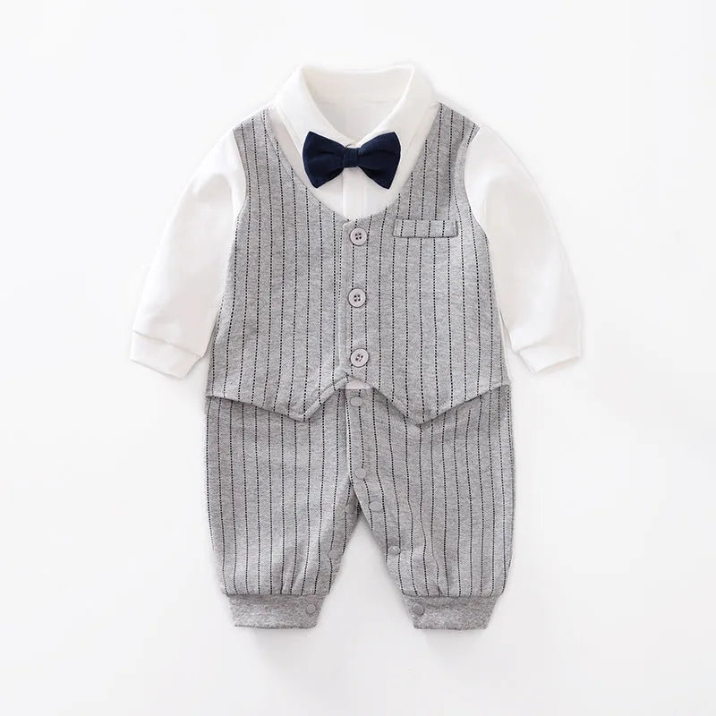 Navy blue cotton baby jumpsuit with collar and long sleeves for spring and autumn wear.