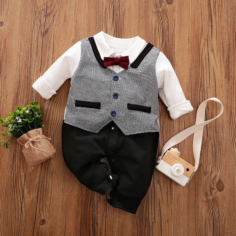 Navy blue cotton baby jumpsuit with collar and long sleeves for spring and autumn wear.