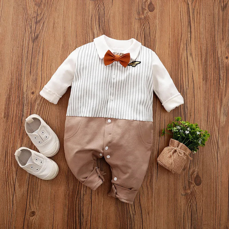 Navy blue cotton baby jumpsuit with collar and long sleeves for spring and autumn wear.