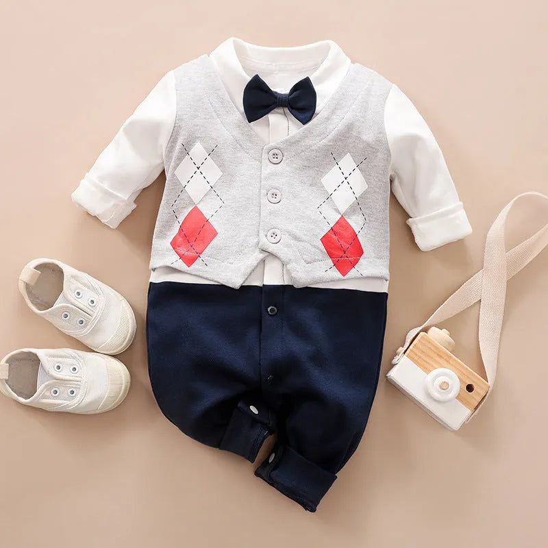 Navy blue cotton baby jumpsuit with collar and long sleeves for spring and autumn wear.