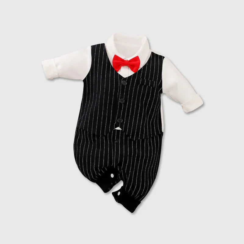 Navy blue cotton baby jumpsuit with collar and long sleeves for spring and autumn wear.