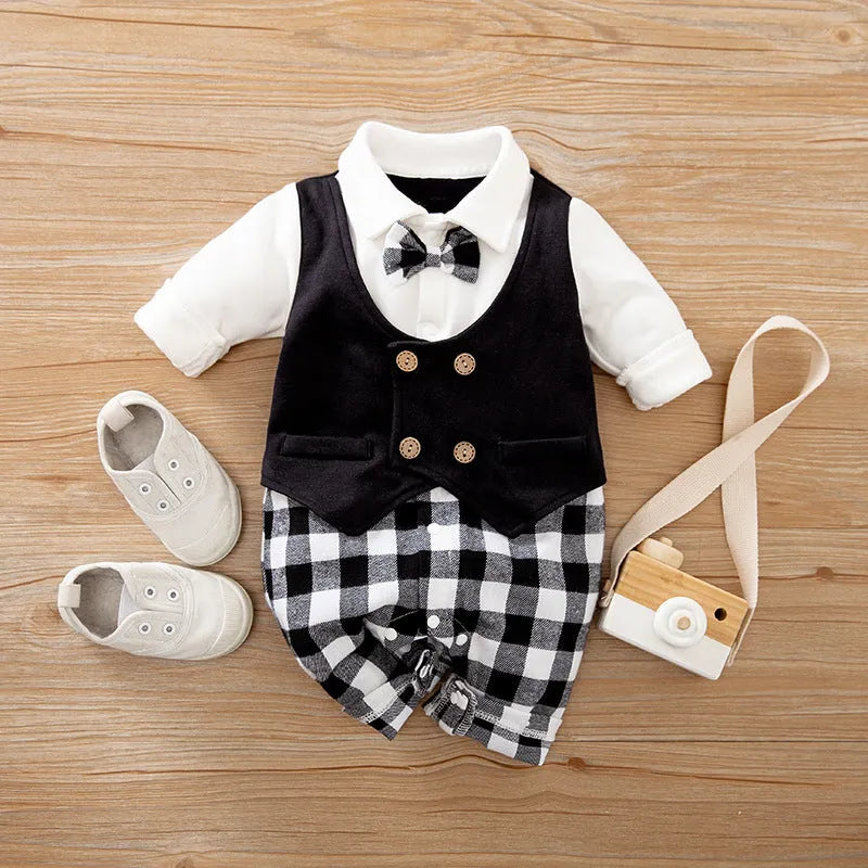 Navy blue cotton baby jumpsuit with collar and long sleeves for spring and autumn wear.