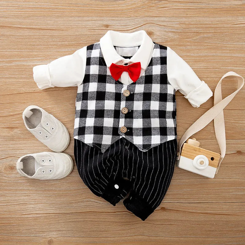 Navy blue cotton baby jumpsuit with collar and long sleeves for spring and autumn wear.