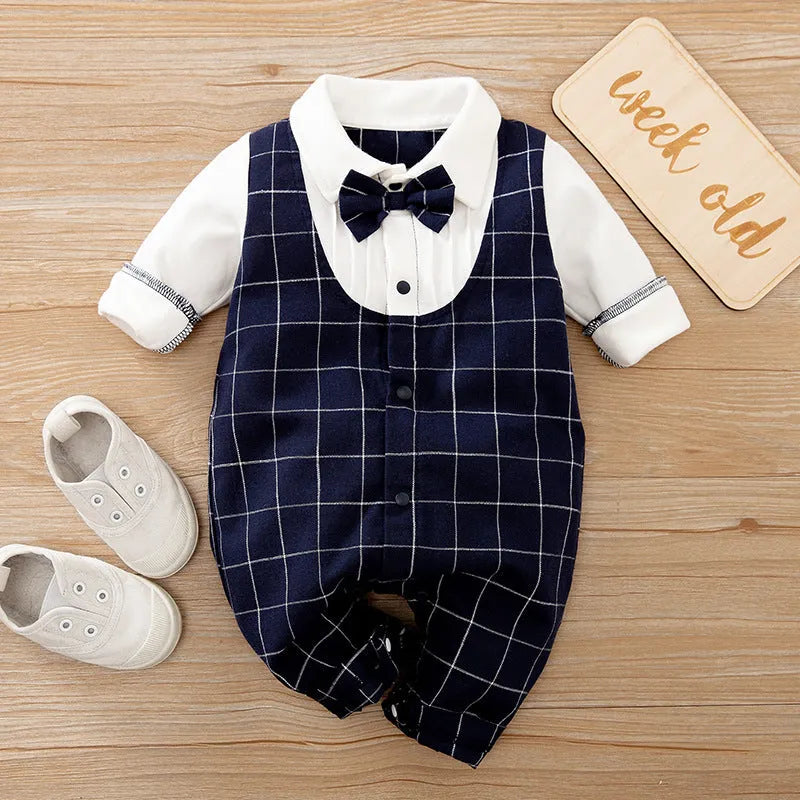 Navy blue cotton baby jumpsuit with collar and long sleeves for spring and autumn wear.