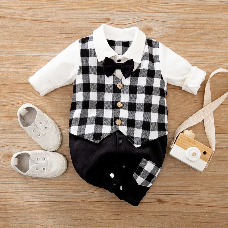 Navy blue cotton baby jumpsuit with collar and long sleeves for spring and autumn wear.